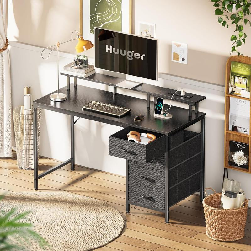 Computer Desk with Power Outlets and LED Lights, Gaming Desk with 4 Drawers, Office Desk with Monitor Stand, Study Work Home Office, Small Spaces, Black