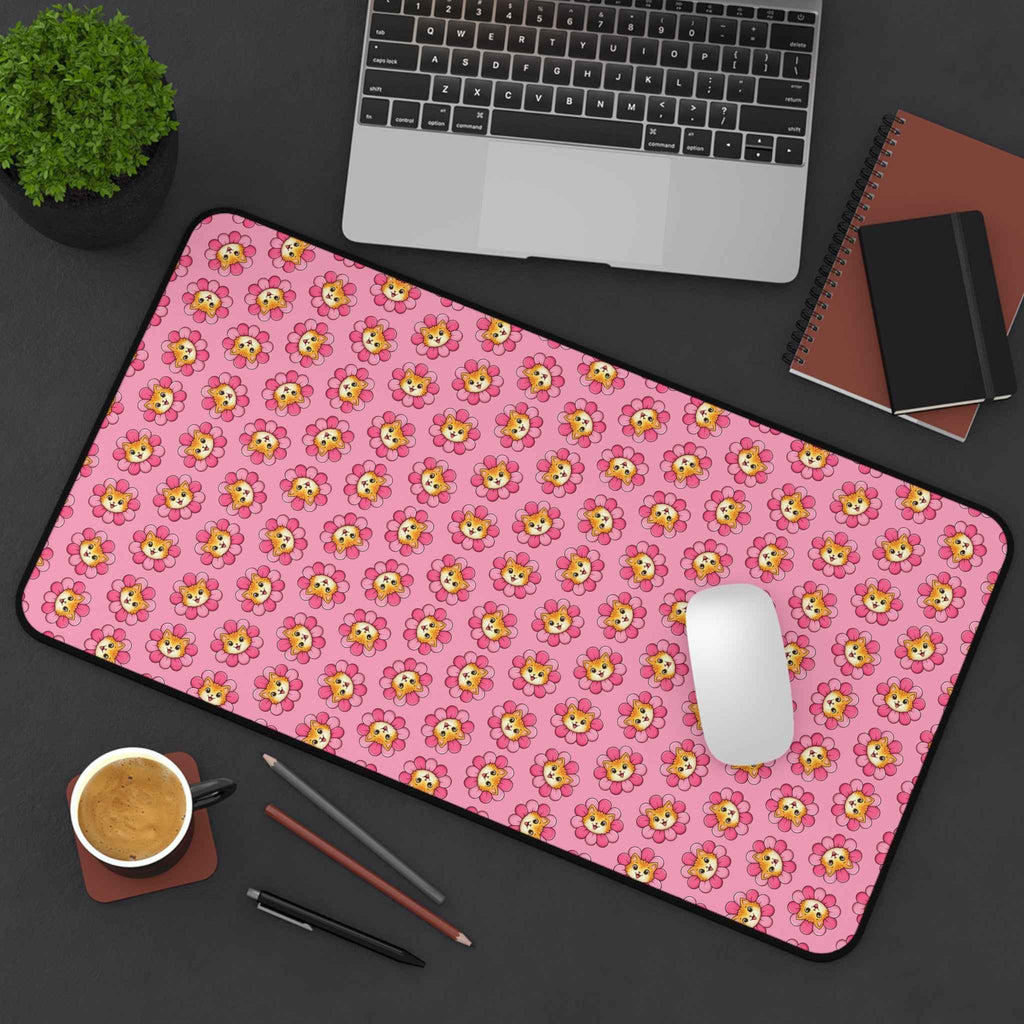 Blooming Chaos Pink Cat Pattern Desk Mat