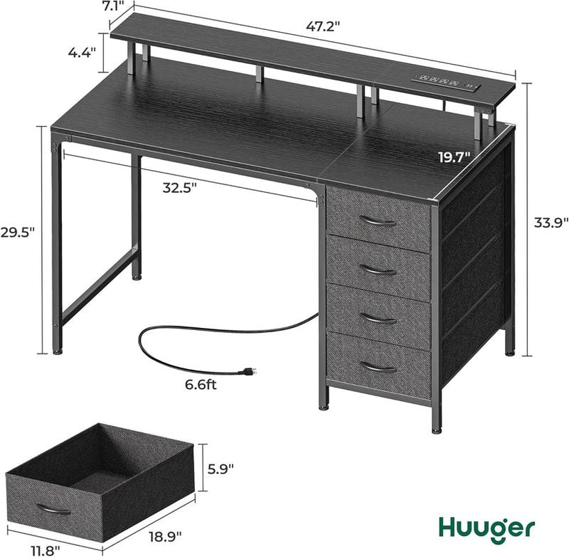 Computer Desk with Power Outlets and LED Lights, Gaming Desk with 4 Drawers, Office Desk with Monitor Stand, Study Work Home Office, Small Spaces, Black